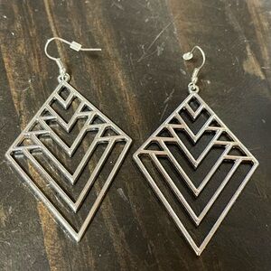 Silver Tone Geometric Tribal Design Drop Earrings